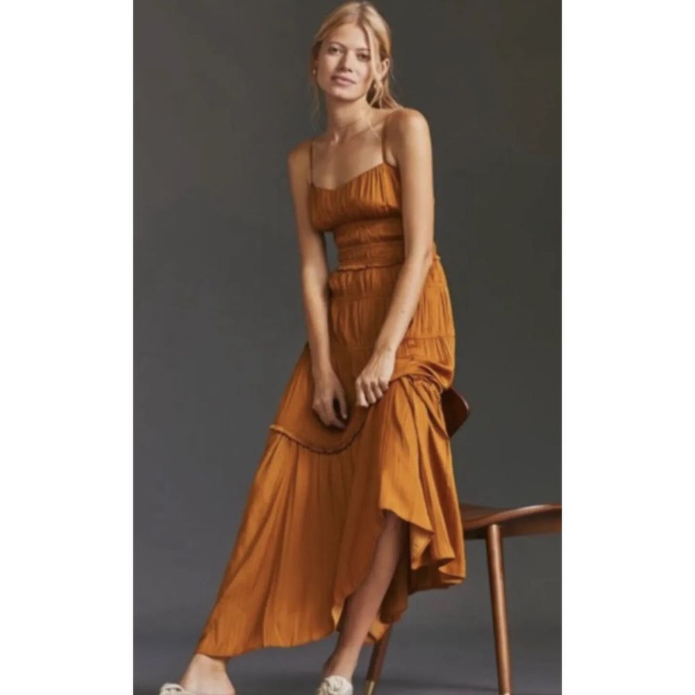 Anthropologie Ruched Tiered Satin Slip Midi Dress